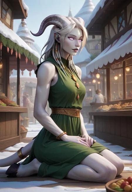 (absurdres, best quality, masterpiece:1.4), score_9, score_8_up, score_7_up, score_6_up, detailed, detailed body, detailed face, 
(culDraenei, purple eyes, no sclera, no pupils, athletic, tall, slim, pale skin, grey skin, long tail, long ears), confident,
(long loose green dress, sleeveless),
on floor, wariza, kneeling, spread legs, side view, 
outdoors, fantasy market background, market stalls, food, snow, daytime, sunshine