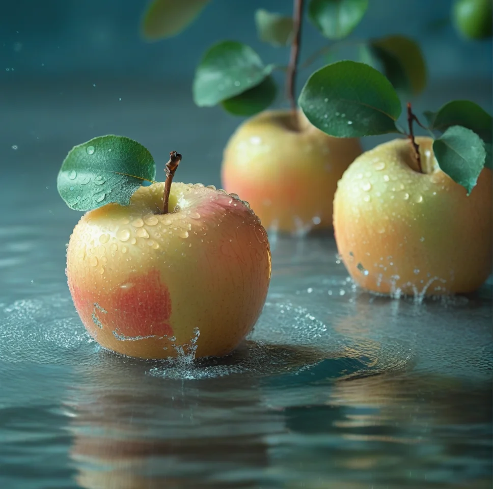 fruit photography,the image shows three apples with water droplets on them sitting in the water,surrounded by leaves. the background is slightly blurred,giving the image a dreamy feel,<lora:æ°´æ-000005:0.6>,