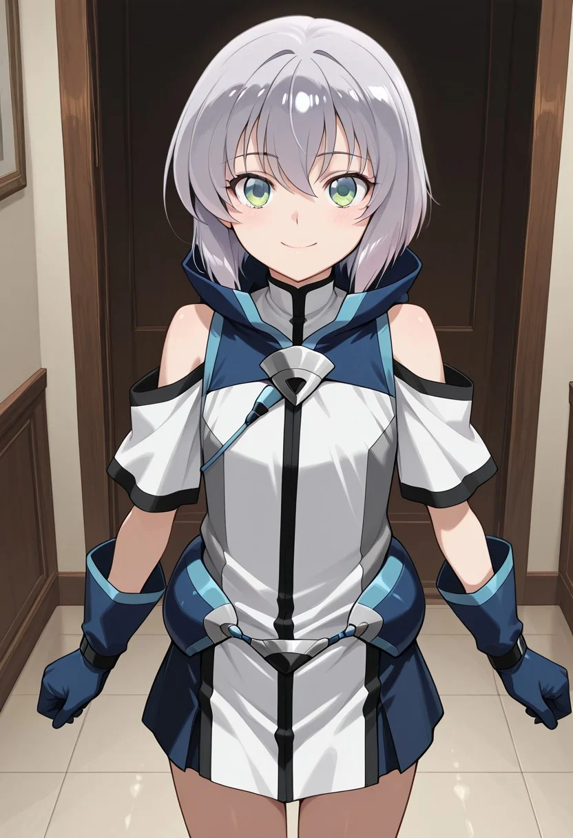 score_9, score_8_up, score_7_up, ASCII score_9, source_anime, 8K,best quality, hyper detailed,masterpiece, UHD,illustration,Ernesti Echevalier , 1boy, otoko no ko, anime screencap, anime art style, knight's & magic, shoulder cutout, male focus, smile, clothing cutout, solo, looking at viewer, grey hair, green eyes, bangs, blue gloves, bare shoulders, closed mouth