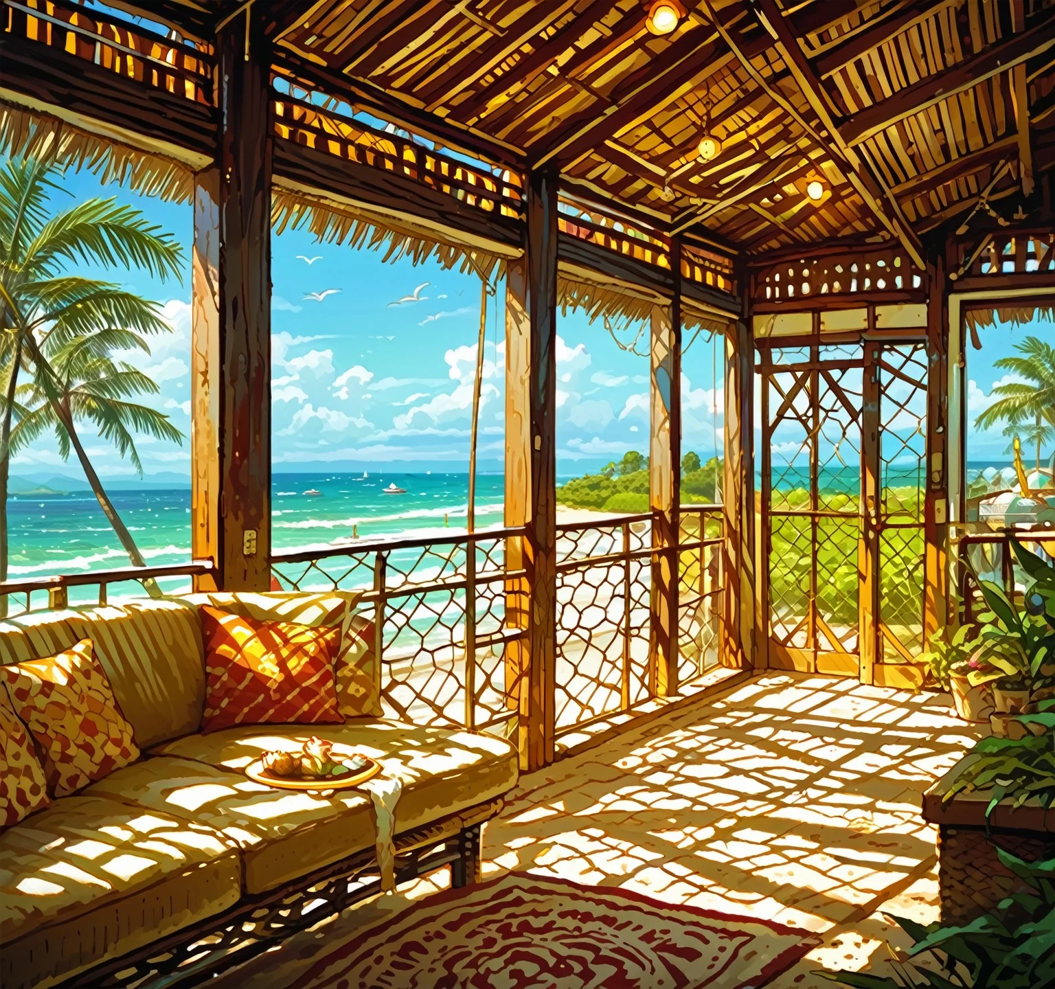 score_9, score_8, score_7, score_6, bungalow, resort,  no humans, window, couch, on paved patio, fence, beach, ocean in background, table, scenery, tree, furniture, detailed background, expressiveh, <lora:BeachBungalow-10pony:0.85> <lora:Pony_DetailV2.0:1>  <lora:DevilHSLycoXL:0.8> <lora:Expressive_H:1>