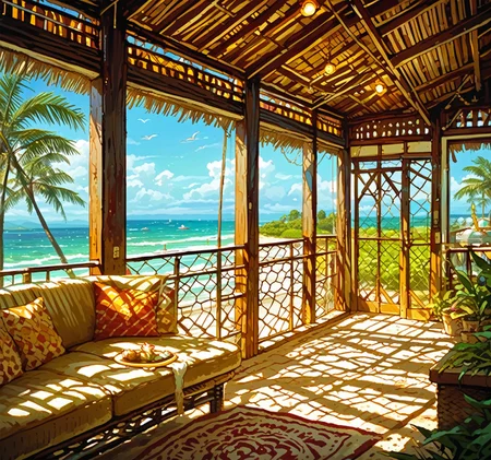 score_9, score_8, score_7, score_6, bungalow, resort,  no humans, window, couch, on paved patio, fence, beach, ocean in background, table, scenery, tree, furniture, detailed background, expressiveh, <lora:BeachBungalow-10pony:0.85> <lora:Pony_DetailV2.0:1>  <lora:DevilHSLycoXL:0.8> <lora:Expressive_H:1>