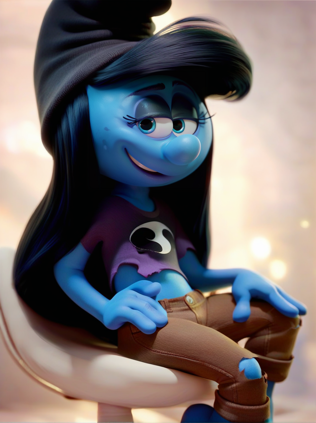 <lora:Smurfette:0.7> sm_tte, 1girl, blue skin, black hair, black hat, goth makeup, sexy hot goth  torn clothes,, score_9, score_8_up, score_7_up,