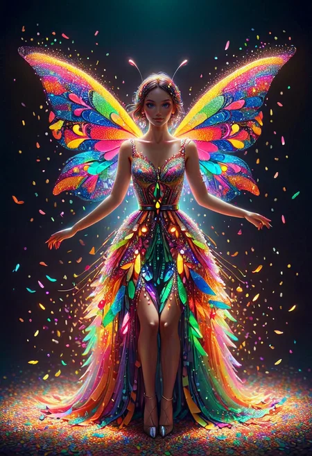 conf3tti, made of confetti, neon lighting, woman, colorful dress, butterfly wings, decorative, contrasting elements, ethereal, colorful beads, light, illuminated, intricate designs, vibrant colors, whimsical, playful <lora:Confetti_World_Morph:1>