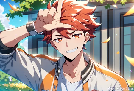 loser gesture, hand on forehead, , index finger raised, score_9, score_8_up, score_7_up, best quality, amazing quality, best aesthetic, amazing aesthetic, 2023, solo, smug, medium hair, red hair, orange eyes, <lora:LoserGesturePonyXL:1.2>, college campus, outside, varsity jacket
