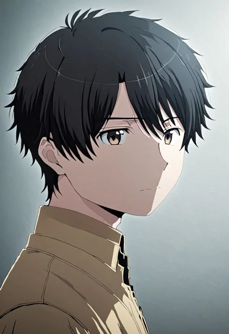 high resolution, solo, best quality, 1Boy, Inaho Kaizuka, Black Hair, portrait, looking at viewer, focused gaze forward, upper body, head upright, love, OverallDetail