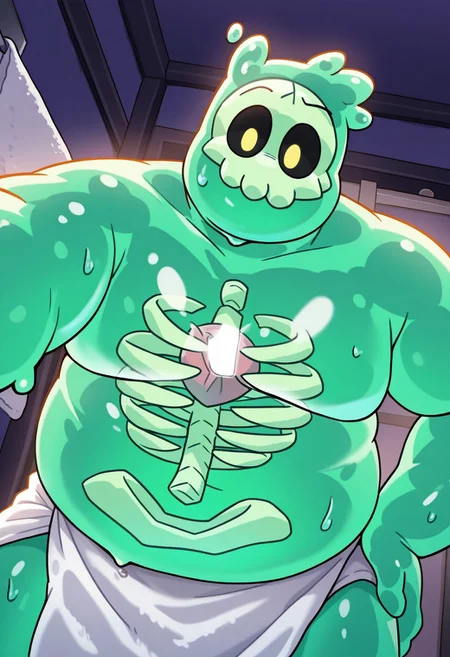 D0ug, detail background, cartoon, male, jelly-like creature, humanoid, translucent body, gelatinous, green skin, black sclera, cartoon eyes, yellow dot eyes, head with skeletal features, skeletal skull visible inside the head, floating skeleton visible inside torso, fat, overweight, big belly, chubby, gelatinous green short hair, BREAK bathroom, at night, dark atmosphere, indoors, solo, looking at viewer, white towel around waist, sexy, bent over, low angle, close up, looking down at viewer, pointing at viewer, sweat, close-up, hand on hip, upper body