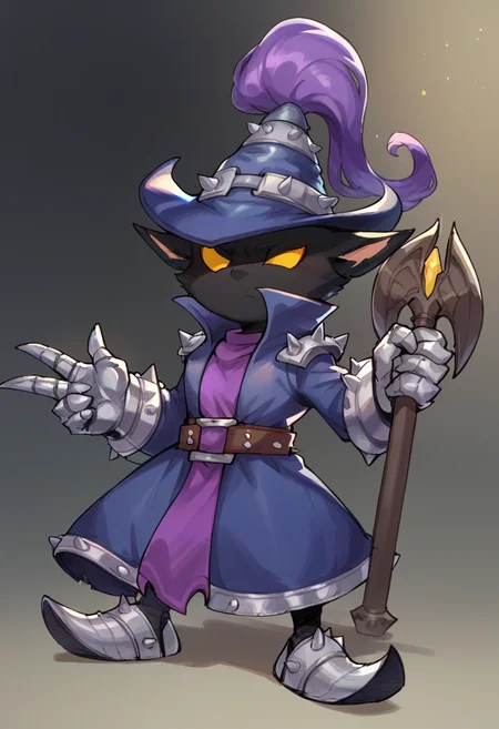 score_9, score_8_up, score_7_up, score_6_up, v3igar, 1boy, male focus, yellow eyes, yordle, hat, coat, armored shoes, belt, armor, gauntlets, <lora:Veigar_Default_v2:1>,