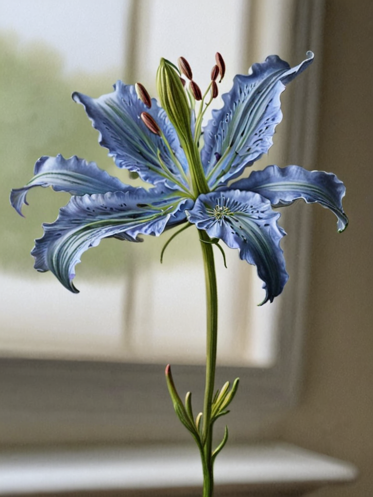 oil painting,  detailed, depth of field, love in a mist lily by ingrid-elias-style in a porcelain flower vase sitting on a table with a  window in the background<lora:ingrid_elias_style:1>