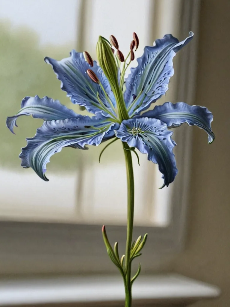 oil painting, detailed, depth of field, love in a mist lily by ingrid-elias-style in a porcelain flower vase sitting on a table with a window in the background<lora:ingrid_elias_style:1>