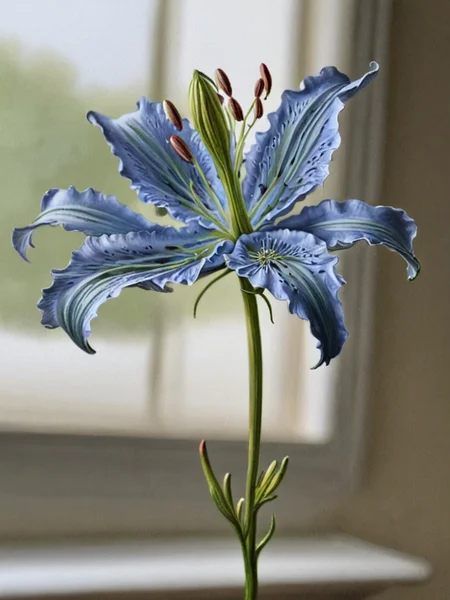 oil painting, detailed, depth of field, love in a mist lily by ingrid-elias-style in a porcelain flower vase sitting on a table with a window in the background<lora:ingrid_elias_style:1>