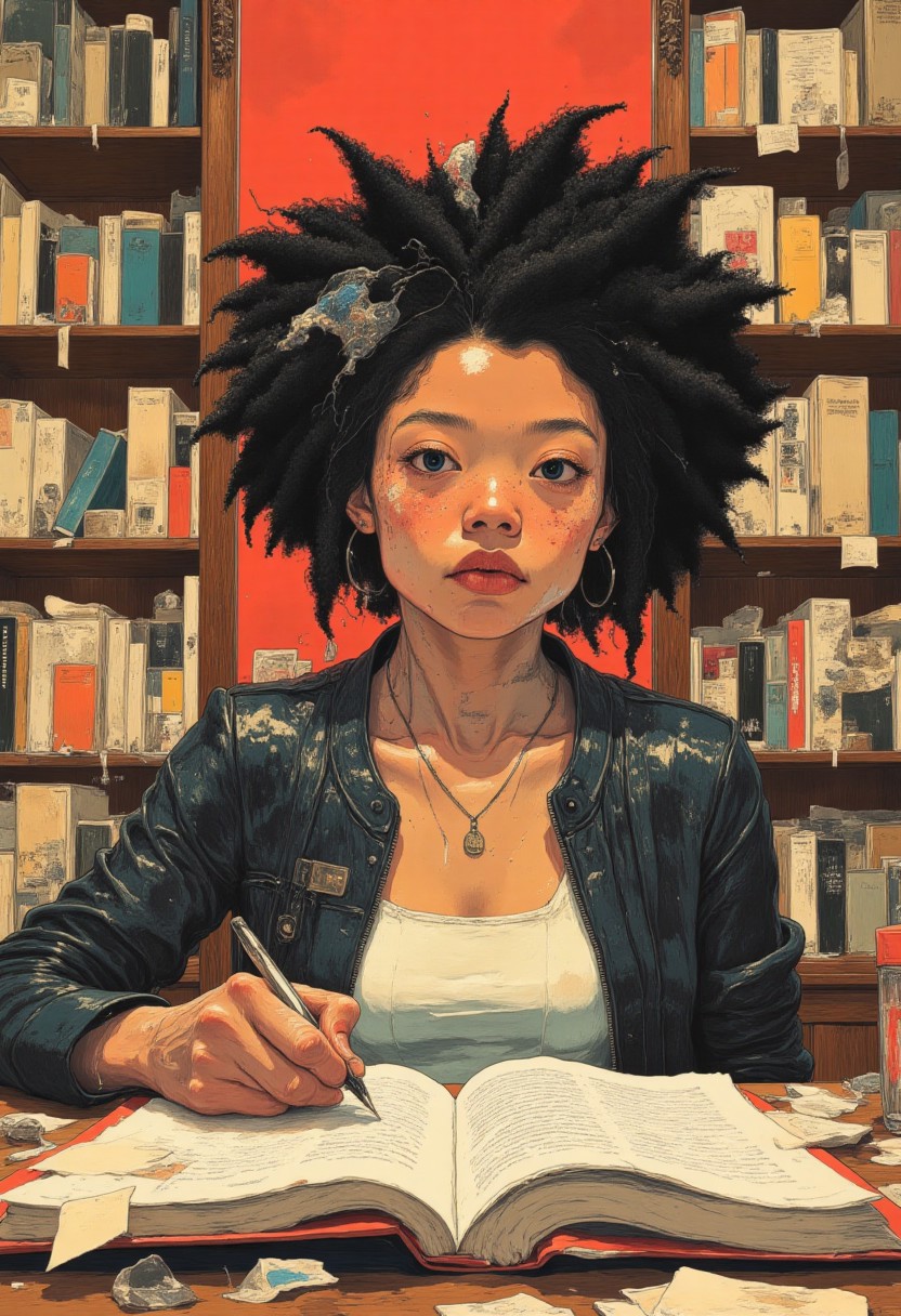 Wide angle shot of a black woman in curly afro hairdo sitting at a table, ready to sign the title page of the book in front of her with a fountain pen. She is wearing a black leather jacket, a white tank top T-shirt. Behind her is a bookcase full of books with colorful spines. Dramatic lighting captures fine details in furniture design, intricate clothing folds, and the opulent state of the location. anime style, vibrant colors, cinematic shot, soft lighting, a reddish light pervades the room. DB4RZ style painting.