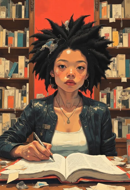 Wide angle shot of a black woman in curly afro hairdo sitting at a table, ready to sign the title page of the book in front of her with a fountain pen. She is wearing a black leather jacket, a white tank top T-shirt. Behind her is a bookcase full of books with colorful spines. Dramatic lighting captures fine details in furniture design, intricate clothing folds, and the opulent state of the location. anime style, vibrant colors, cinematic shot, soft lighting, a reddish light pervades the room. DB4RZ style painting.
