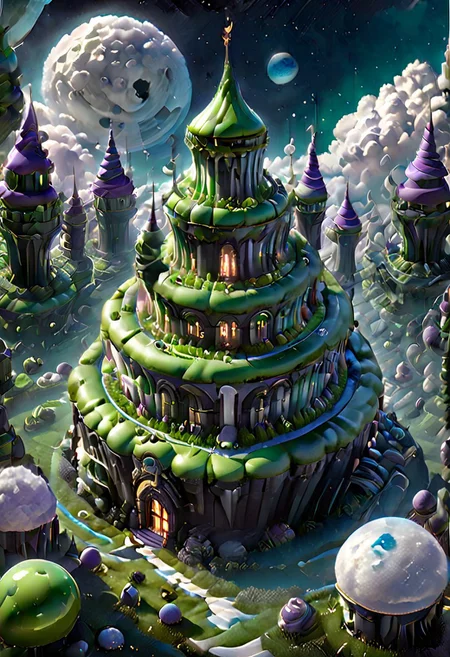 castle,
A traveler looking at a gigantic castle made of dozens of towers, medical, white, grass,matchcraft floating island , floating island, towers , sky , fly , cloud,castle, matchcraft floating island, dark, chiaroscuro, low-key, Dark Fantasy page, moon , Green moon , light Green ,Candy Land