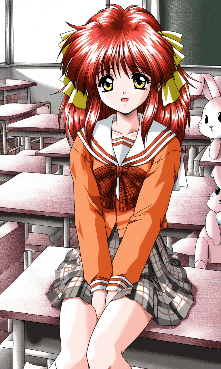 general,highres, ultra-detailed,very aesthetic,best quality ,best hands, BREAK <lora:Kisaragi_Hina_Akumu_AoiKajitsunoSange_IS:1>
Kisaragi_Hina, 1girl, solo, red hair,  medium hair, yellow eyes, hair ribbon, small breasts,
rabbit, stuffed toy, open mouth, short,
light smile, orange school uniform, ribbon, white+gray skirt, outdoors, v arms, check skirt, plaid bow, long sleeves, serafuku, School, class room, curtain.