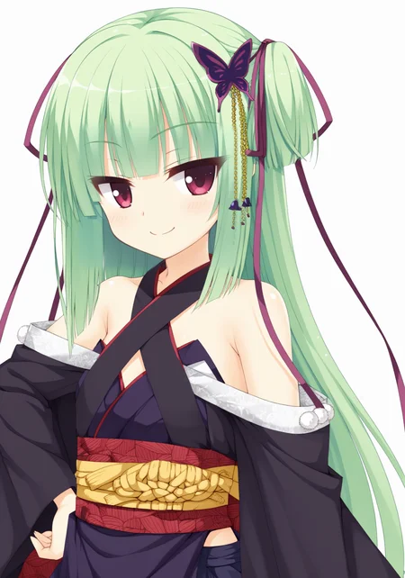 murasame \(senren\),1girl,solo,long hair,hair ornament,green hair,smile,japanese clothes,butterfly hair ornament,bare shoulders,looking at viewer,detached sleeves,ribbon,hand on hip,hair ribbon,white background,red eyes,sash,upper body,