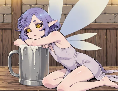 masterpiece, amazing quality, high resolution, medieval tavern
1girl, z3ll3iyuu, dress, pointy ears, flat chest , fangs, black sclera, yellow eyes, purple hair, fairy wings, small girl , fairy, minigirl
sitting, top of table, looking at giant mug of beer, triangle mouth, drooling, side view