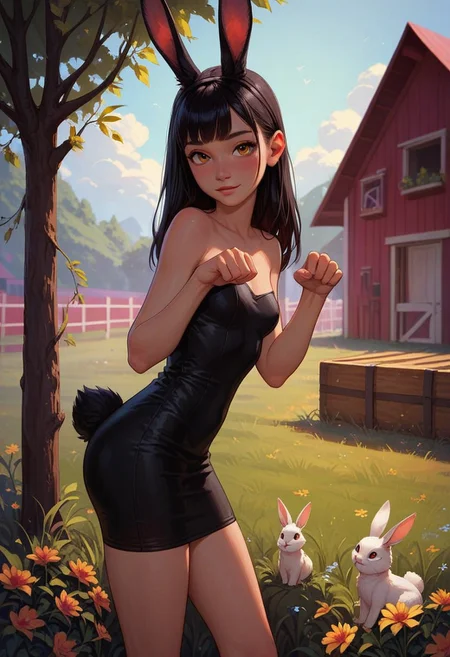 score_9_up, score_8_up, score_7_up, score_6_up, 1girl, 25 years old, perfect face, cute, petite, 
orange eyes, 
rabbit ears, black ears, rabbit tail, 
black hair, long hair, 
black dress, sleeveless dress, strapless, tight fitting, short dress, 
cowboy shot, happy, from side, paw pose, looking at viewer, 
farm, grass,