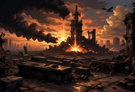 score_9, score_8_up, score_7_up, pixel art,
nuclear explosion, city ruins, sunset,
god rays,
in the style of a vintage, high-contrast setting, dark and mysterious atmosphere, Resplendent spotlighting, Emphasize theatrical elements with bursts of bright colors against dark, moody backgrounds,
hyper-detailed, scifi, dramatic light,
d3p1x3l, pixel art,