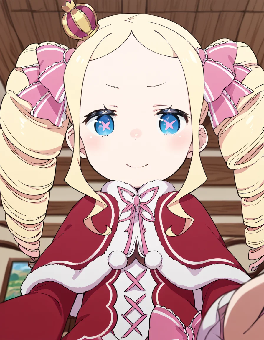 score_9, score_8_up, score_7_up, source_anime, <lora:rezero-beatrice-s3-p1-ponyxl-lora-nochekaiser:1>, beatrice, long hair, blue eyes, blonde hair, twintails, hair ribbon, sidelocks, symbol-shaped pupils, drill hair, twin drills,, dress, ribbon, fur trim, capelet, crown, mini crown, red capelet, frills, bowtie,, river, flowing, fish, banks, current, , <lora:lap-pov-ponyxl-lora-nochekaiser:1>, lap pov, lap pillow, from below, ceiling, looking down, pov, blush, smile,, looking at viewer, solo,, dutch angle, cowboy shot