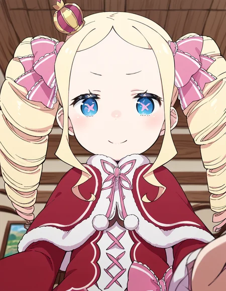 score_9, score_8_up, score_7_up, source_anime, <lora:rezero-beatrice-s3-p1-ponyxl-lora-nochekaiser:1>, beatrice, long hair, blue eyes, blonde hair, twintails, hair ribbon, sidelocks, symbol-shaped pupils, drill hair, twin drills,, dress, ribbon, fur trim, capelet, crown, mini crown, red capelet, frills, bowtie,, river, flowing, fish, banks, current, , <lora:lap-pov-ponyxl-lora-nochekaiser:1>, lap pov, lap pillow, from below, ceiling, looking down, pov, blush, smile,, looking at viewer, solo,, dutch angle, cowboy shot