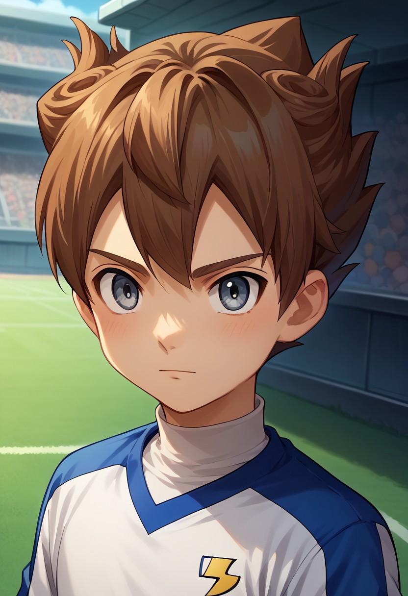 score_9, score_8_up, score_7_up, source_anime, highly detailed, 
tenma, 1boy, male focus, solo, brown hair, grey eyes, sportwear, soccer uniform, turtle neck, white shirt, blue shirt, multicolored shirt, shorts, blue shorts, galaxy soccer uniform,  upper body,
outdoor,