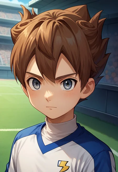 score_9, score_8_up, score_7_up, source_anime, highly detailed,
tenma, 1boy, male focus, solo, brown hair, grey eyes, sportwear, soccer uniform, turtle neck, white shirt, blue shirt, multicolored shirt, shorts, blue shorts, galaxy soccer uniform, upper body,
outdoor,