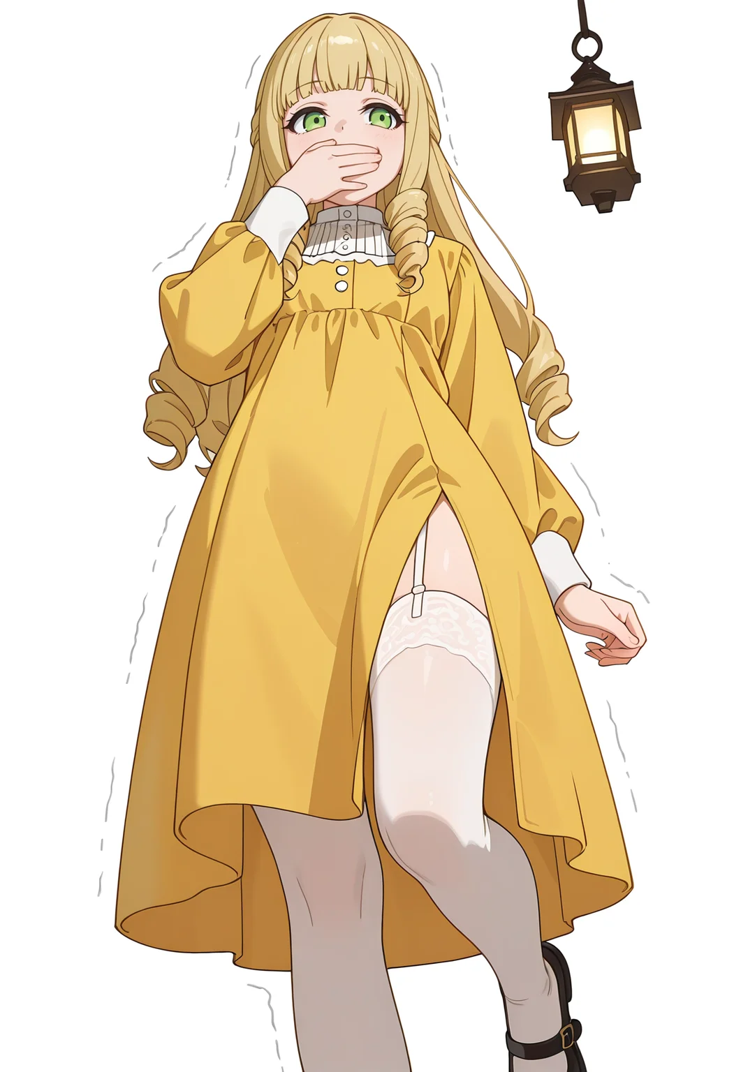 Smooth Quality,masterpiece,very intricate, high quality details, ultra realistic, high detailed skin,detailed enviorement,absurdres,
simple background, white background,
stifled laugh, hand covering mouth, shaking shoulders, flushed cheeks, amused gaze,,from below,
raincoat,  ,lantern sleeve blouse,  ,side slit stockings,  , <lora:Fiatoio_Annacnn:0.7> fannacnn, 1girl, blonde hair, green eyes, long hair, blunt bangs, sidelocks, drill hair, mary janes,