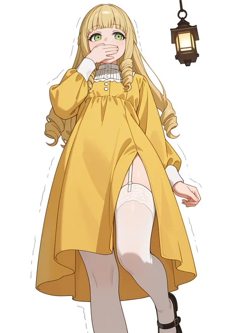 Smooth Quality,masterpiece,very intricate, high quality details, ultra realistic, high detailed skin,detailed enviorement,absurdres,
simple background, white background,
stifled laugh, hand covering mouth, shaking shoulders, flushed cheeks, amused gaze,,from below,
raincoat,  ,lantern sleeve blouse,  ,side slit stockings,  , <lora:Fiatoio_Annacnn:0.7> fannacnn, 1girl, blonde hair, green eyes, long hair, blunt bangs, sidelocks, drill hair, mary janes,