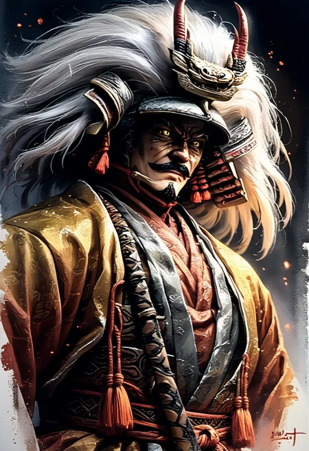 score_9,score_8_up,score_7_up,
Male illustration,50 years old,mature man,ambitious,beast-like sharp gaze,chubby but muscular,Japanese samurai,16th century,dramatic lighting,high contrast,decorative,atmospheric,haunting beauty,texture,(dynamic angle),round face,black,gray,red,yellow,
bust up,l,splash art,highly detailed illustration,trending on Artstation,paint splashes,perfect composition,watercolor,sharp focus,intricate details,highly detailed,
White background,mustache(1.3),windy,dynamic pose,dynamic angle,real,realstic,holding katana,
Watercolor,<lora:BDpony_TakedaShingen_V1:0.9>,Takeda Shingen,
<lora:Midjourney_5:0.6>,<lora:WaterColorV3:0.8>,