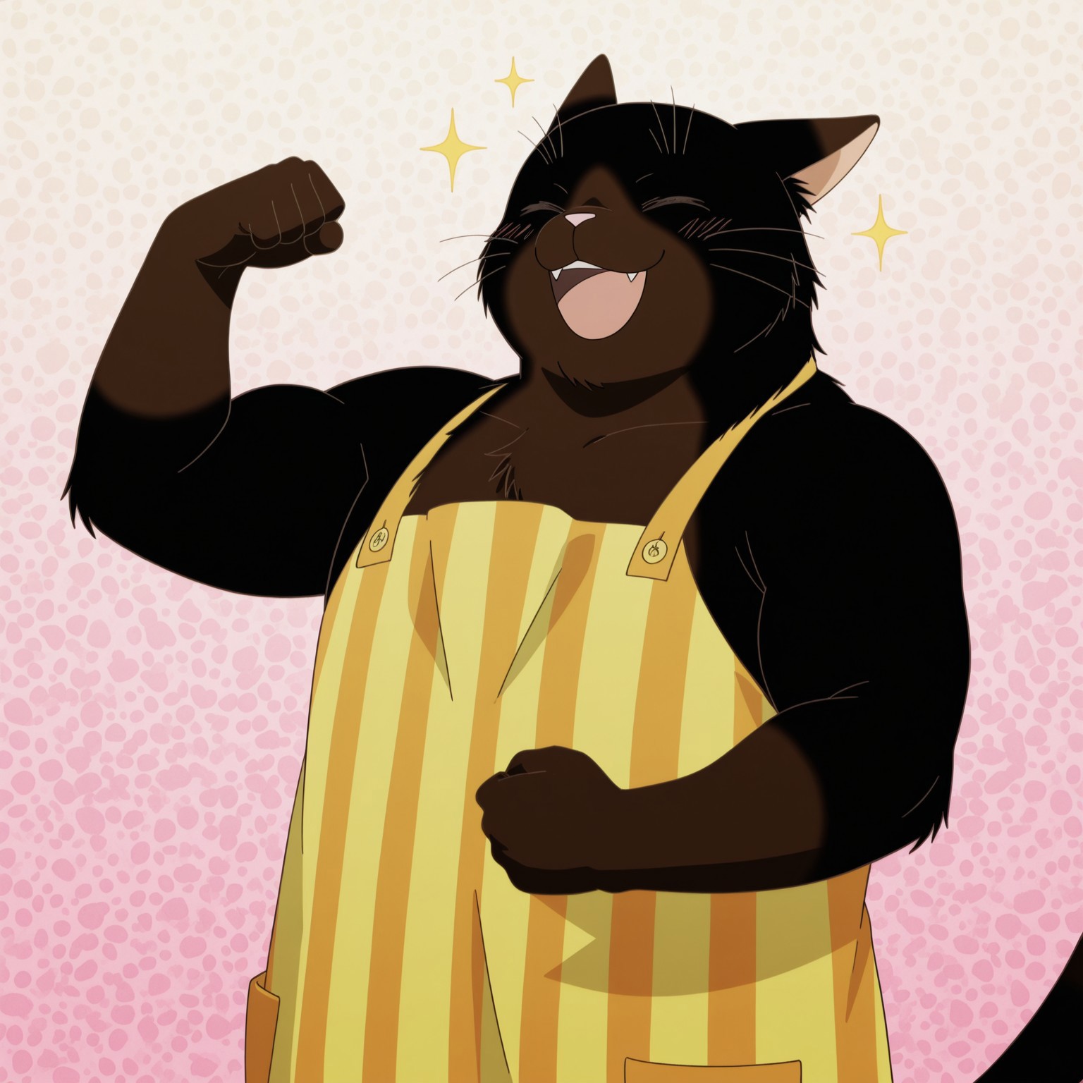Yukichi, 1boy, 2d, solo, male, furry male, domestic cat, feline, black cat, pink inner-ears, black fur, brown fur, pink nose, two tone fur, whiskers, tail, striped apron, yellow and orange apron, 


BREAK open mouth smile, eyes closed, happy, laughing, flexing, muscular, upper body focus, abstract background, sparkles

BREAK best quality, amazing quality, very aesthetic, absurdres, newest, high quality, masterpiece