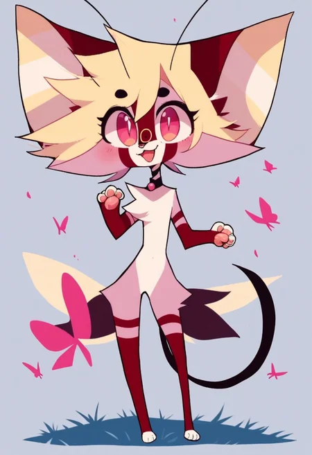 score_9, score_8_up, score_7_up, solo, Valentime, 1girl, source style, skinny, yellow cat nose, pink eyes, (yellow sclera:1), yellow hair, long antennas, big eyes, Anthro, Madagascar Pink fur, Cat, fairy, cat fairy, yellow butterfly wings, by Pastarru, standing, looking at viewer, field, full body, sky, butterfly wings on waist, cute, cute looking,