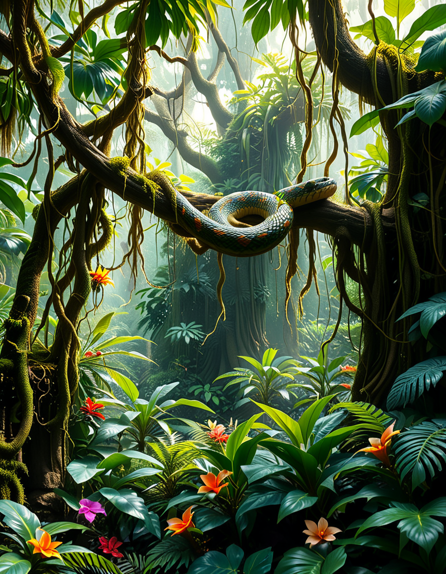 A dense and vibrant jungle,jungl3, captured in a realistic photographic style, with lush green foliage of various tropical plants, tall trees covered in moss and vines, and sunlight filtering softly through the canopy above. The atmosphere feels humid and alive, with small details such as ferns, orchids, and a scattering of tropical flowers in shades of red, yellow, and purple. A narrow, winding dirt path cuts through the undergrowth, partially hidden by fallen leaves and roots. The scene feels immersive and serene, with subtle mist lingering in the distance, enhancing the sense of depth and mystery. The overall lighting is natural, with dappled sunlight creating dynamic shadows on the ground and the surrounding plants.
<lora:jungl3:1><lora:SDXLFaeTastic2400:0.4> <lora:extremely_detailed:0.4> extremely detailed, Masterpiece,best quality,hi res,8k,hi res,8k,award winning,(sharp focus, intricate, highly detailed),