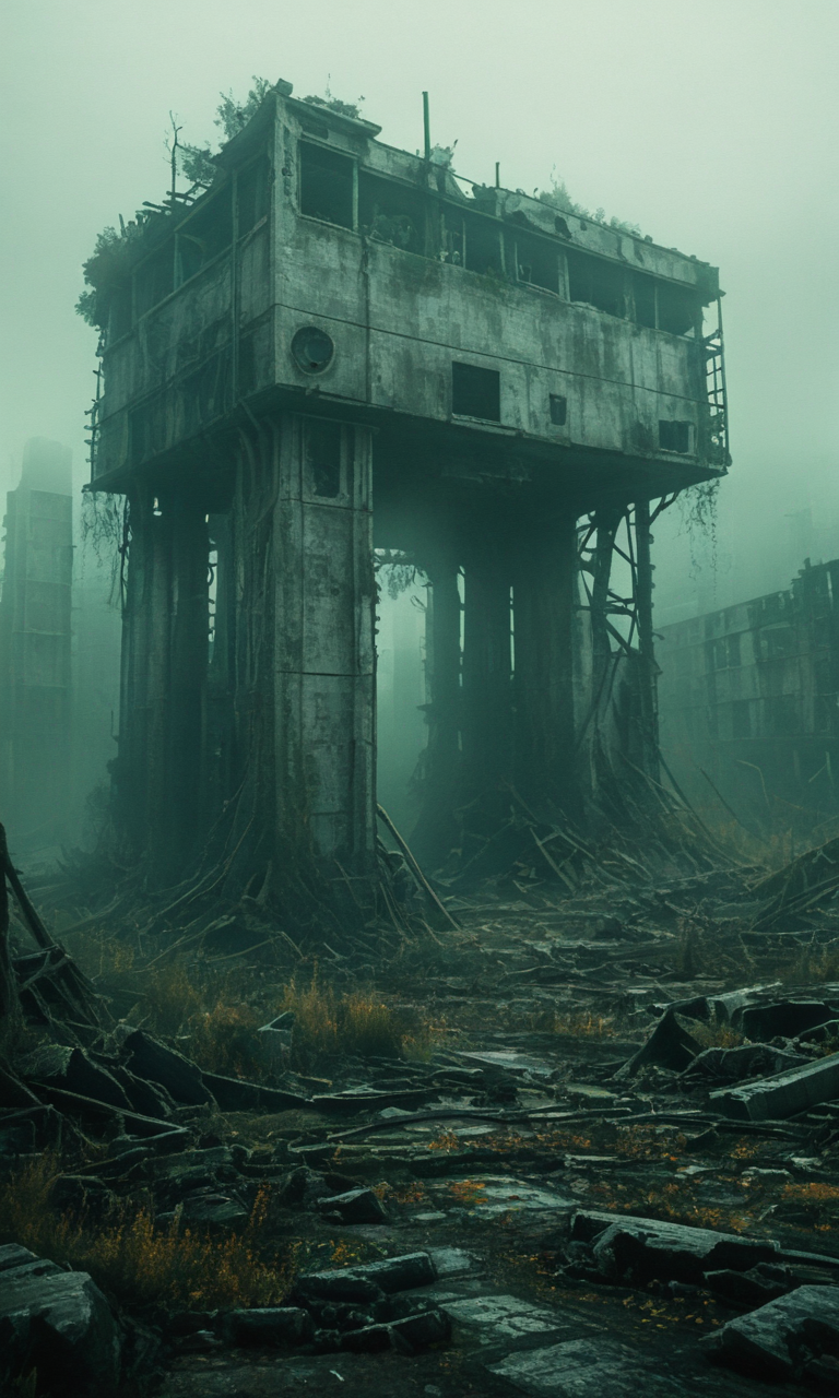 Photograph of a foggy abandoned industrial site with crumbling concrete structures overgrown vegetation and a desolate eerie atmosphere. The scene is shrouded in mist creating a mysterious haunting ambiance.<lora:- iLL - the_edgy_mech_V2.0-step000013500:.8>