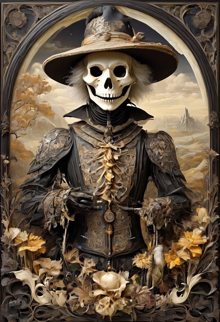 reality-shot, realism, gothic photography of a very detailed (scarecrow) made out of ebony and ivory, scrimshaw, bone carving, awesome appearance, magical landscape with enchanted elements, fantasy art style, monochrome yellow tones theme, intricate details, ultra sharp, exquisite detail, flawless composition, vivid colors, masterpiece, exciting background <lora:Ebony_and_Ivory_Scrimshaw_style_-_SDXL:0.9>