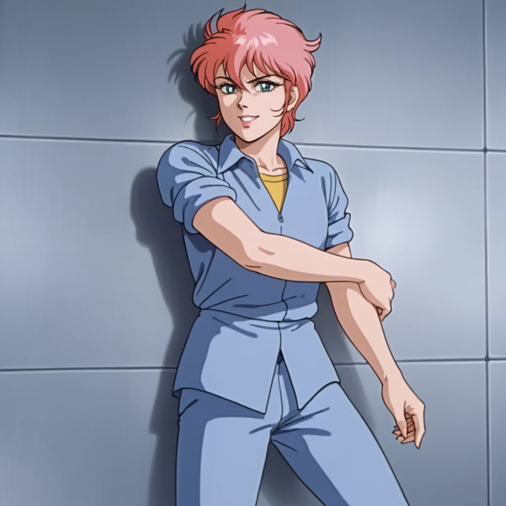 <lora:rainaguydoubleagent_pony_v1:.8>  Raina, 1980s (style), retro artstyle, short hair, 1girl, solo, pink hair, blue shirt,  yellow undershirt, blue eyes, sleeves rolled up, blue pants, cowboy shot