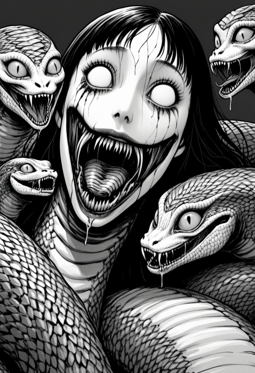Snake woman, mouth open, jaw unhinged, serpent eyes, lamia, naga, nightmare fuel, horror, junj11t0, junji ito, monochrome, creepy, manga