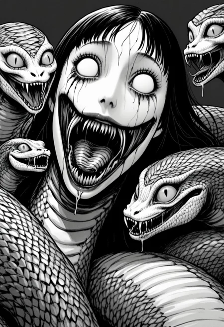 Snake woman, mouth open, jaw unhinged, serpent eyes, lamia, naga, nightmare fuel, horror, junj11t0, junji ito, monochrome, creepy, manga