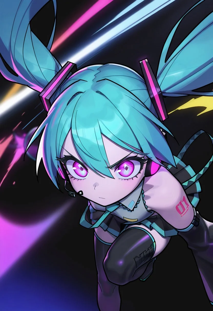 CuteToon_ST, masterpiece, best quality, very aesthetic, high resolution, ultra-detailed, absurdres, newest, detailed eyes, beautiful, perfect lighting, hi res, amazing quality, very awa, painting_(artwork), dynamic lighting, dynamic angle, dynamic pose, cinematic, gorgeous, Hatsune Miku,limited palette,black background,colorful,vibrant,glowing outline,neon,blacklight,looking at viewer, masterpiece, very aesthetic