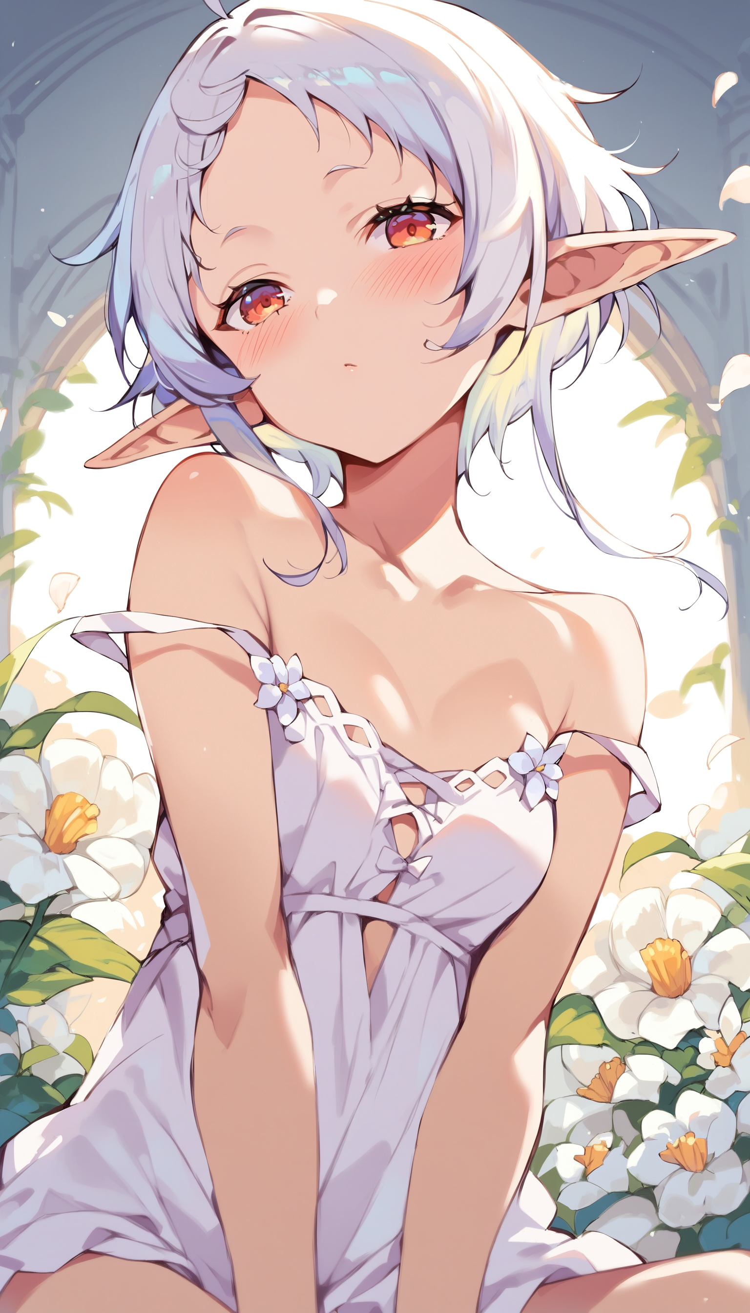 score_9, score_8_up, score_7_up, score_6_up, source anime,
eihplyspnxl, sylphiette \(mushoku tensei\),
1girl, pointy ears, solo, flower, looking at viewer, elf, sitting, short hair, small breasts, strap slip, white flower, white camisole, seiza, bare shoulders, petals, blush, bottomless,
upper body, from below,
masterpeice, best quality, very aesthetic, absurdres
<lora:sylphiette:1>