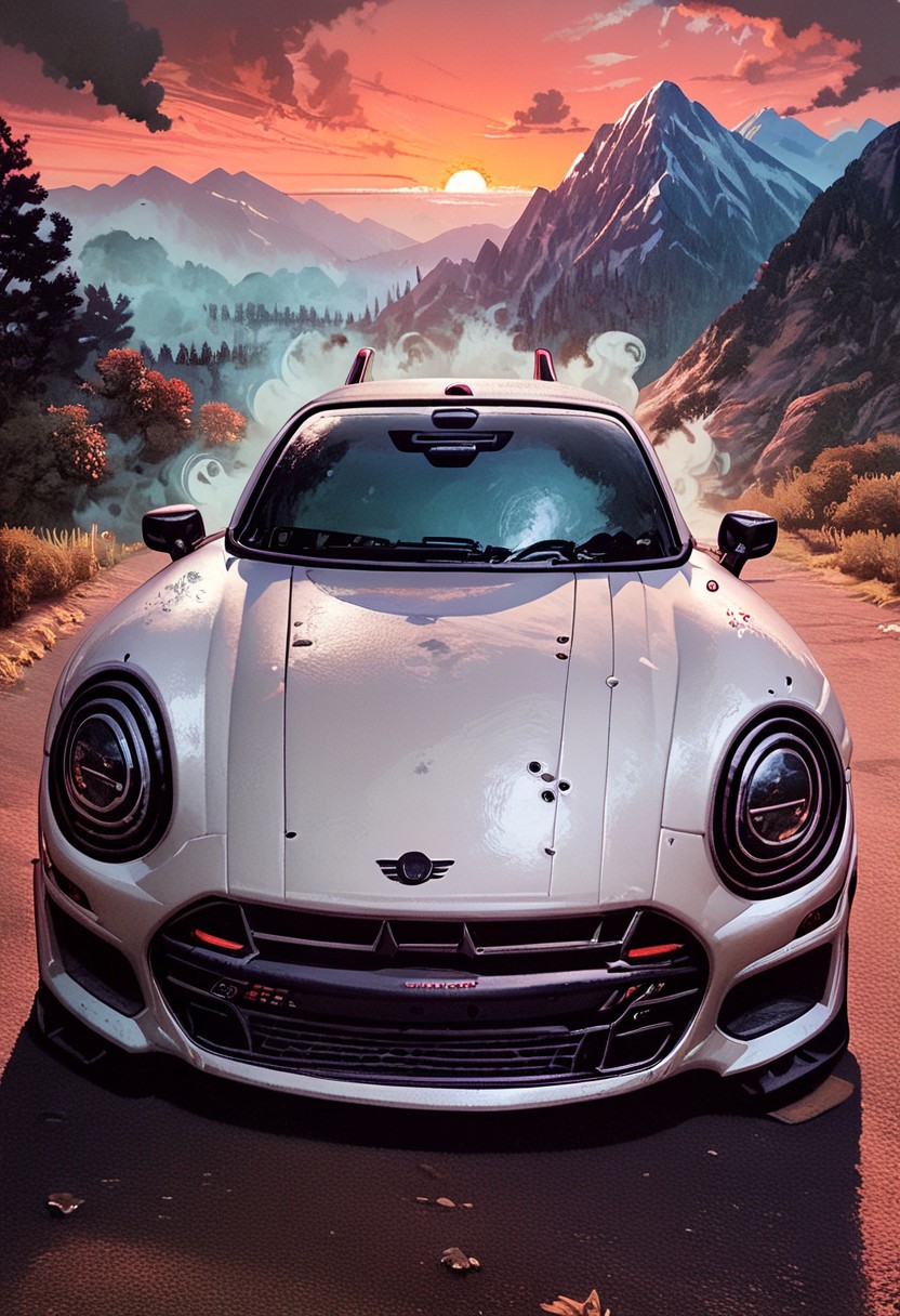 score_9, score_8_up, score_7_up, score_6_up, dvnciCE, vehicle,  Mini_Cooper, sports car, car, drone car, ground vehicle, smoke on wheels, motion lines, at night, headlights, mountains, sunset,