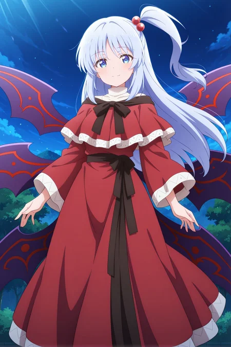 absurdres, highres, masterpiece, best quality, amazing quality, official anime artwork, screencap, anime screencap, outdoors, looking at viewer, light smile, dynamic pose, standing,
<lora:Shinki_Illustrious:1> shinki, 1girl, solo, blue eyes, white hair, long hair, high side ponytail, small breasts, multiple wings, demon wings,, hair bobbles, black ribbon, red capelet, red dress, wide sleeves,