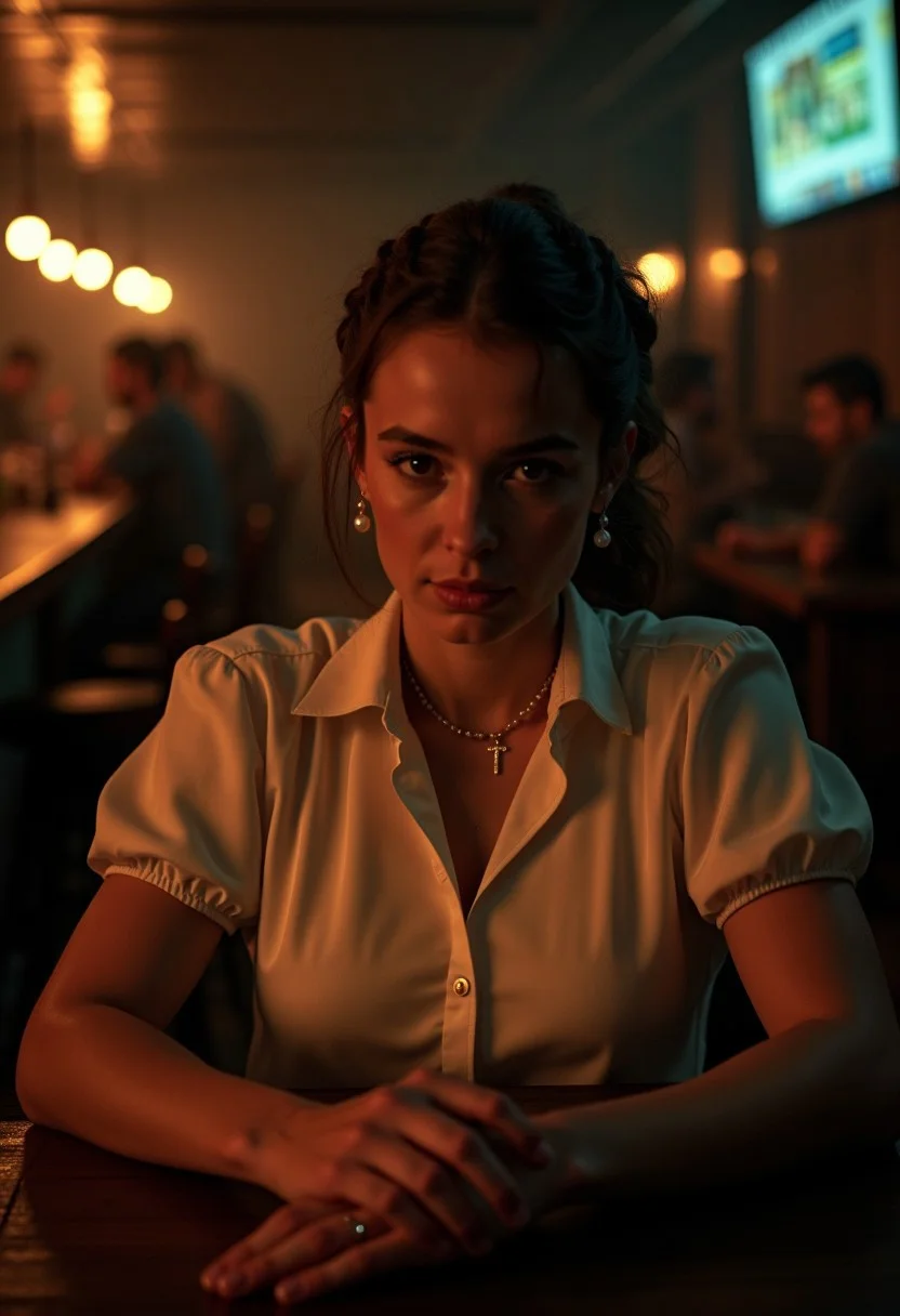 A highly detailed and cinematic photograph of a 19-year-old prude Catholic girl in a dimly lit, shady bar in the UK, surrounded by rough hooligans. She has an intimidated expression on her face, her natural skin texture and perfect hands are meticulously detailed. She wears a high-closed, tight buttoned silk blouse that accentuates her modesty, with shadows dramatically falling over her chest and a subtle dim light catching the sheen of her french twist hair. Her large 34DD bust is noticeable but tastefully depicted. A long bar full of rugged men stretches behind her, adding depth to the scene. She wears a delicate necklace with a cross and pearl earrings, adding a touch of innocence. Shot with Kodak Portra 800 film on a Hasselblad 500 camera with a 55mm f/1.9 lens, featuring extreme depth of field, high contrast, and available light. The atmosphere is cinematic, with Ultra HD, HDR, and 8K resolution, evoking tension and drama in every detail.