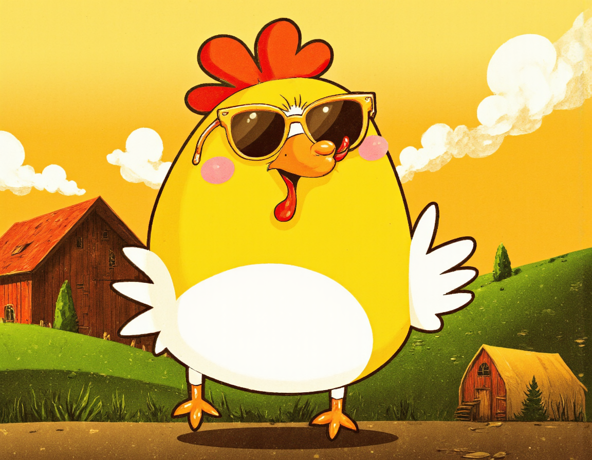 <lora:cartoonvibes:0.85> cartoonvibes, A vibrant, cartoon-style illustration of a plump, funny chicken with bright yellow feathers, a fiery orange beak, and big, shiny brown eyes that sparkle with mischief. The chicken has a few loose, fluffy feathers on its head, giving it a delightfully rumpled appearance, and its wings are slightly ajar, as if it's about to take off in a hurry. Its legs are short and stumpy, but it stands with a confident, splayed stance, giving it a comically stable appearance. The chicken wears a pair of trendy, oversized sunglasses with brightly colored frames, adding to its cool and carefree vibe. The background is a warm, sunny farm landscape with rolling green hills, fluffy white clouds, and a few scattered trees, all rendered in a soft, watercolor style. The lighting is bright and cheerful, with a few puffy clouds casting gentle shadows on the ground. The overall mood is lighthearted and humorous, with the chicken's goofy expression and antics taking center stage. The image features a bold, graphic style with thick lines, flat colors, and plenty of texture, giving it a fun and playful feel. The shot is a close-up, with the chicken filling the frame and the background softly blurred, emphasizing the bird's humorous personality and expressions. The illustration is rendered in a hyper-stylized, cartoonvibes style, with exaggerated features and bold lines, making it a visually striking and amusing image. . 35mm photograph, film, bokeh, professional, 4k, highly detailed