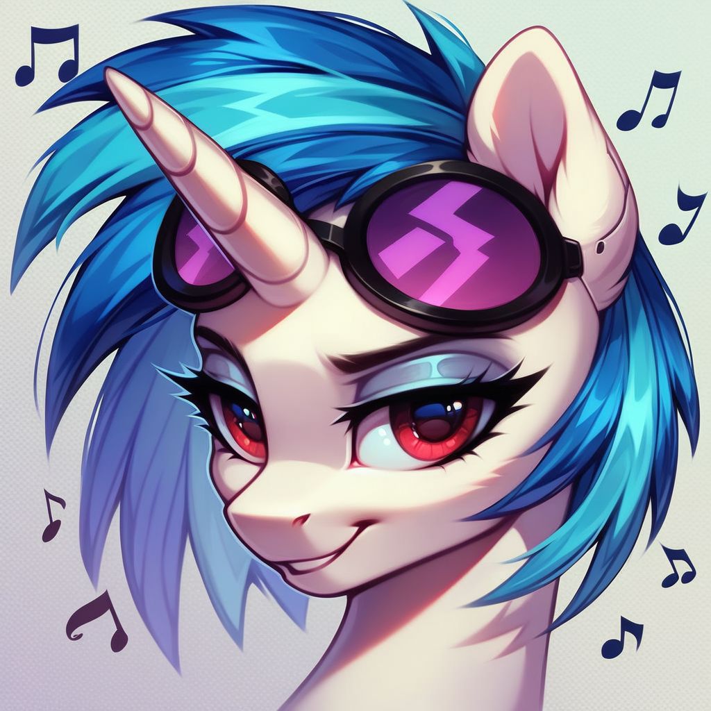 score_9, score_8_up, score_7_up, score_6_up, score_5_up, score_4_up, source_MLP, Vinyl Scratch from MLP, Pony, g4, Female, Feral, Portrait of a leader, White cyberpunk suit, Brooch in the shape of a musical note, Beautiful eyes, Long eyelashes, Looking At Viewer, Proud smile, Extreme Detailed Background, The quality of ai art is frightening