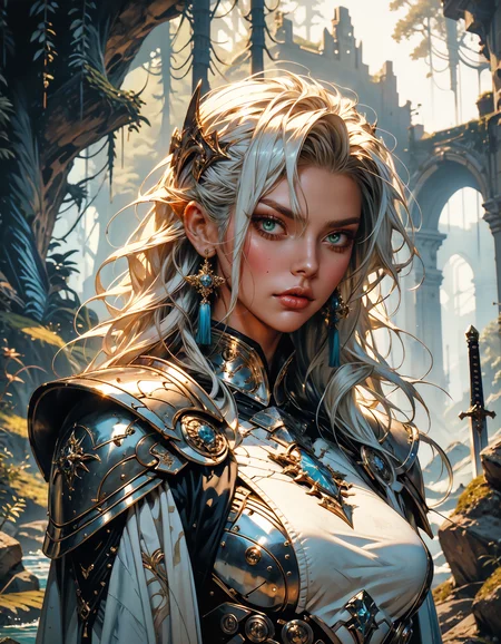 score_9, score_8_up, score_7_up, score_6_up, score_5_up, score_4_up, 1girl, solo, beautiful, white hair, long hair, bangs, fair skin, big breasts, leather armor, sword, forest, dappled sunlight, upper body, looking at viewer, shine, shine of steel, sitting on a rock, armored boots, fantasy,solo focus,epic, dynamic angle, concept art, realistic, highly detailed <lora:Expressive_H-000001:0.6>, expressiveH <lora:g0th1cPXL:0.4> <lora:incase_style_v3-1_ponyxl_ilff:0.3> <lora:sinfully_stylish_SDXL:0.4>