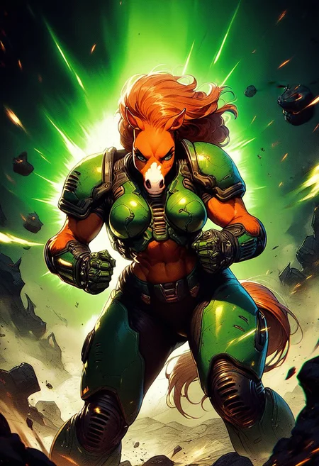 score_9, score_8, score_7, solo, doom girl, 1girl, armor, knva, anthro, horse, anthro horse, furry, battle, lasers, action,