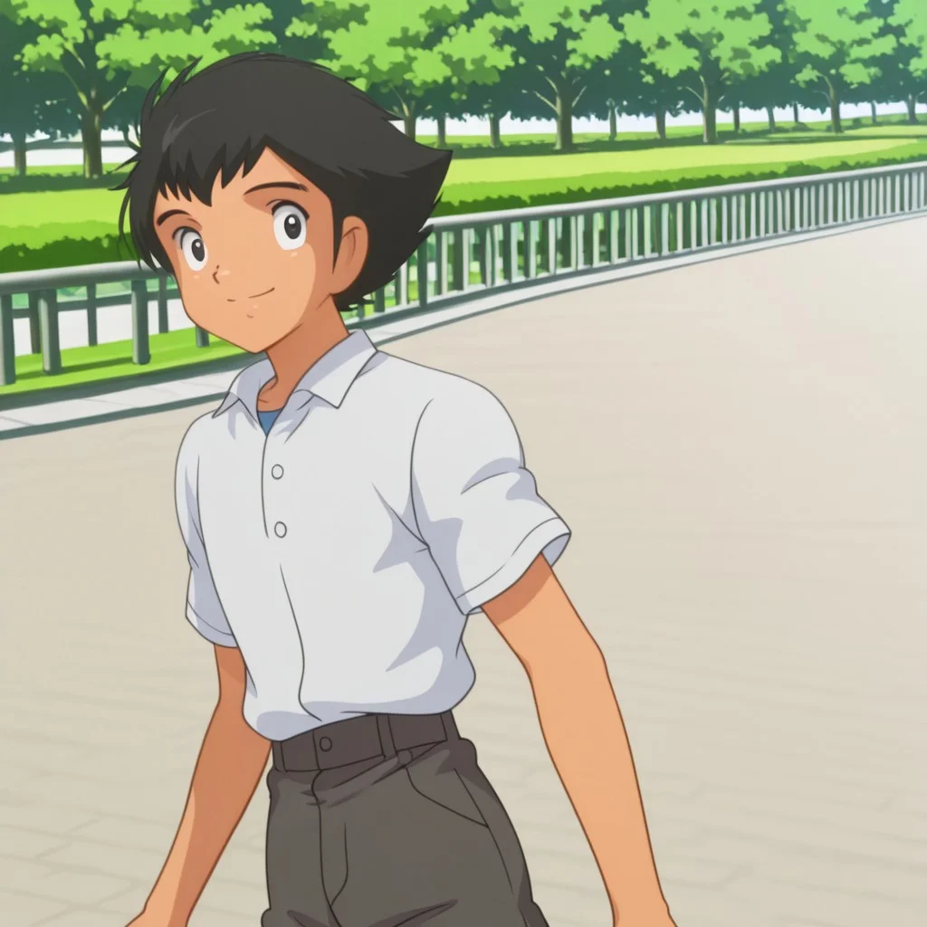 1boy,anime style,(solo:1.2),(semi lateral view:1.2),male focus,solo,on a park,kawagoe,black hair,dark eyes,spicky hair,shihakugan eyes,white button shirt, shorts,smile