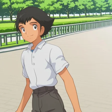 1boy,anime style,(solo:1.2),(semi lateral view:1.2),male focus,solo,on a park,kawagoe,black hair,dark eyes,spicky hair,shihakugan eyes,white button shirt, shorts,smile