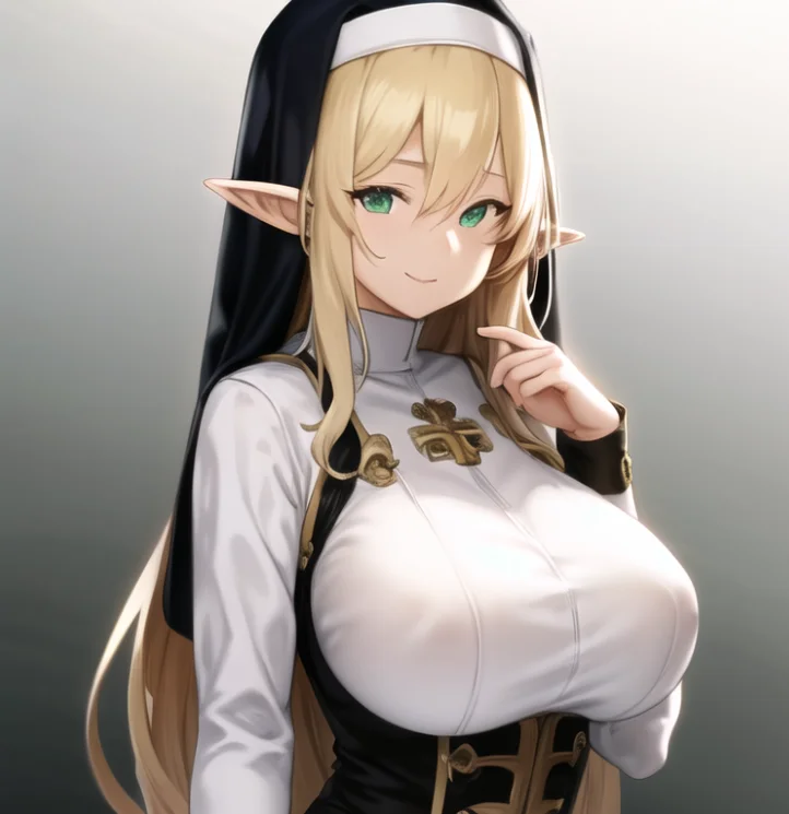 beautiful, masterpiece, best quality, extremely detailed face, perfect lighting, 1girl, solo, <lora:Houtengeki:0.9>, bangs, black dress, blonde hair, breasts, closed mouth, dress, elf, gradient, gradient background, green eyes, grey background, habit, hair between eyes, hand up, large breasts, long hair, long sleeves, looking at viewer, nun, pointy ears, smile, solo