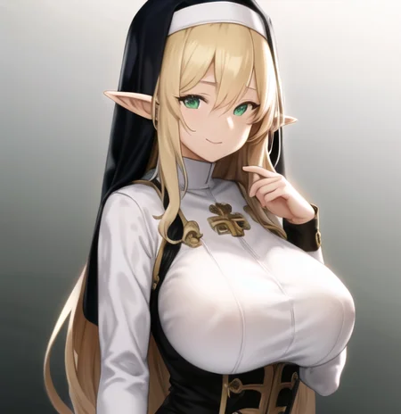 beautiful, masterpiece, best quality, extremely detailed face, perfect lighting, 1girl, solo, <lora:Houtengeki:0.9>, bangs, black dress, blonde hair, breasts, closed mouth, dress, elf, gradient, gradient background, green eyes, grey background, habit, hair between eyes, hand up, large breasts, long hair, long sleeves, looking at viewer, nun, pointy ears, smile, solo